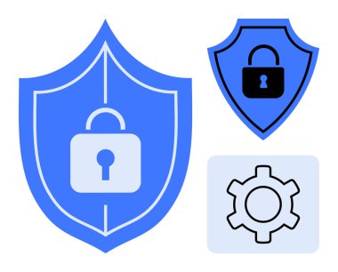 Asma kilitli mavi kalkan sembolleri ve güvenlik, veri yönetimi ve sistem korumasını temsil eden bir vites simgesi. Gizlilik kavramları, siber güvenlik, teknoloji, uygulama tasarımı, veri depolama için ideal