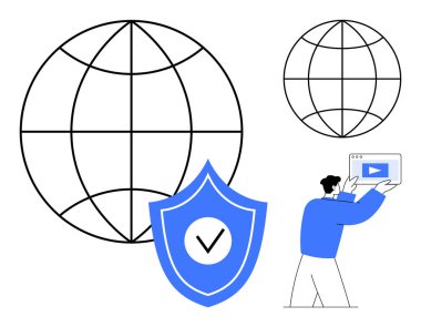 Dünya çapındaki bağlantıyı simgeleyen küre, güvenlik işaretli kalkan, dijital medya simgesi tutan kişi. Siber güvenlik, internet, güvenli tarama, teknoloji, küresel takas, medya için ideal