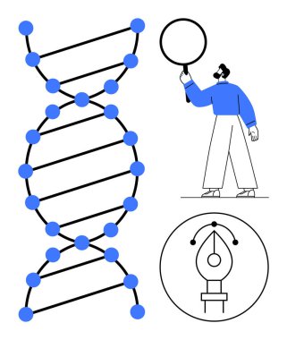 Mavi noktalı çift sarmallı DNA, daire tutan insan ve kalem aleti. Genetik, yaratıcılık, yenilik, teknoloji, araştırma, eğitim ve basit iniş sayfası için ideal