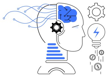 Beyin devreleri, akan veri, dişli ve ampul yapay zekayı, yeniliği ve problem çözmeyi sembolize ediyor. Teknoloji, yapay zeka geliştirme, öğrenme yenilikçiliği üretkenlik girişimi için ideal basit