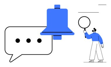 Bilgilendirme zili ve sohbet balonu iletişim, arama ve güncellemeleri gösteriyor. Elinde soruşturma olduğunu gösteren bir büyüteç var. Teknoloji, mesajlaşma, bildirimler, güncellemeler, takım çalışması için ideal