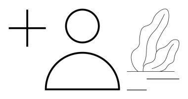 Profil eklemek için artı işareti olan kullanıcı simgesi ve soyut bitki grafikleri. Kullanıcı bindirme, üye kaydı, taze tasarım, doğa temelli uygulamalar, sosyal medya, büyüme kavramı için ideal