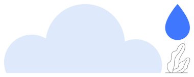 Mavi yağmur damlası olan büyük mavi bulut, sürdürülebilirliği, yaşam döngülerini, su korumayı simgeleyen basit bitki çizgileri. Eko markalaşma, çevre, iş, doğa, su kaynağı için ideal