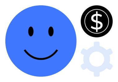 Mavi gülen yüz, dolar işaretli siyah daire ve açık gri dişli. Başarı, mutluluk, finans, iş, verimlilik motivasyon zenginlik kavramları için idealdir. Düz basit metafor