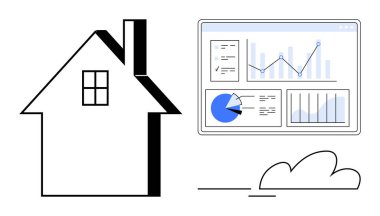 Bacalı ev, veri tabloları ve grafikleri olan dijital gösterge paneli, bulut elementi. Gayrimenkul, konut piyasası, veri analizi, yatırım, ev değerlendirmesi, mülkiyet yönetimi için ideal