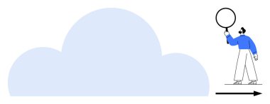 Mavi bluzlu bir figür, büyüteç kullanarak büyük bulut şeklini inceliyor. Kara ok ilerlemeyi gösteriyor. Teknoloji, bulut hesaplama, analiz, yenilik, keşif, veri depolama için ideal