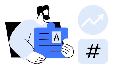 Meta veri etiketi ve yukarı doğru ok simgeleri eşliğinde yazılı bir belge tutan bir erkek figürü. İçerik, strateji, veri analizi, iletişim, büyüme, pazarlama, basit iniş sayfası için ideal