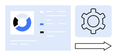 Bir dişli simgesinin yanında segmentli daire çizelgesi. Ok işlem akışını gösteriyor. Otomasyon, veri analizi, iş akışı, yazılım, strateji, teknoloji ve basit iniş sayfası için ideal