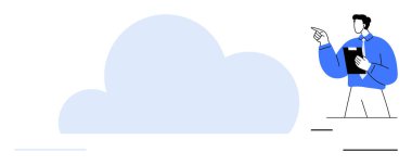 Bulut hizmetlerini, dijital bağlantıları ve uzaktan çalışmayı temsil eden profesyonel bir pano. Teknoloji, yenilik, veri depolama, strateji, takım çalışması eğitimi için ideal. Düz