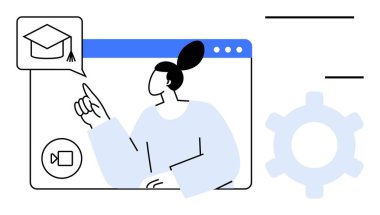 Mezuniyet şapkası ve çark sembolize araçları tarafından desteklenen video çağrı simgesinin yer aldığı sanal bir panel ile etkileşimde olan kişi. Eğitim, webinar, uzaktan öğrenme, çevrimiçi araçlar için ideal