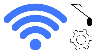 Mavi kablosuz sembol, siyah nota ve vites simgesi bağlantı, eğlence ve işlevselliği sembolize ediyor. Teknoloji, müzik, ağ, iletişim uygulaması arayüzü için ideal