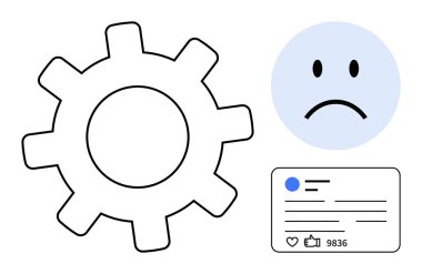 Dişliler, üzgün surat ve sosyal medya kartpostalları sistemin kullanılabilirlik sorunlarını ve olumsuz deneyimleri temsil ediyor. Kullanıcı geribildirimi, tatminsizlik, sistem tasarımı, UX araştırması, sosyal etkileşim için ideal