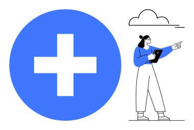 Tablet tutan ve işaret eden sağlık görevlisi, büyük mavi tıbbi haçın yanında duruyor. Sağlık, takım çalışması, teknoloji, planlama, organizasyon, liderlik için ideal