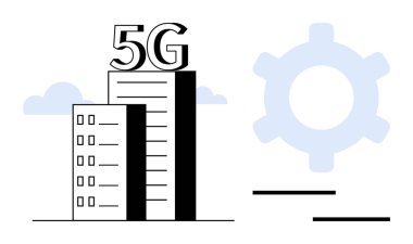 5G etiketli yüksek binalar, vites simgesi, minimal tasarım, yeni nesil ağı temsil ediyor. İletişim, teknoloji, bağlantı, yenilik, hızlı dijital çözümler için idealdir.