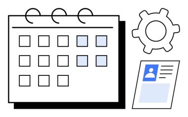 İşaretli tarihler, kimlik kartları ve organizasyonu, görev planlamasını ve iş akışı optimizasyonunu sembolize eden ekipman takvimi. Zamanlama için ideal, İK süreçleri, zaman yönetimi, koçluk işbirliği ekibi