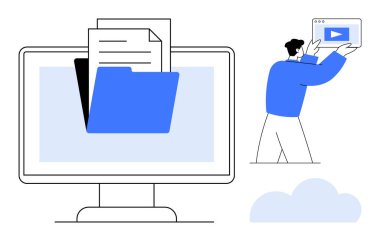 Bilgisayar ekranında belgelerle birlikte açık dizin görüntülenir. Bir kişi medya dosyası taşır. Teknoloji, dijital iş akışı, belge organizasyonu, çevrimiçi depolama, multimedya, takım işbirliği, basit