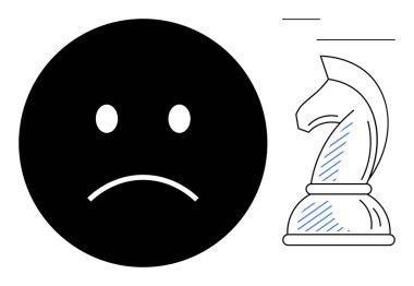 Bir satranç şövalyesinin yanındaki siyah üzgün surat çatışmaları, engelleri ve zor kararları simgeliyor. Başarısızlık, strateji, mücadele, duygusal denge, karar verme çatışması ve planlama için ideal
