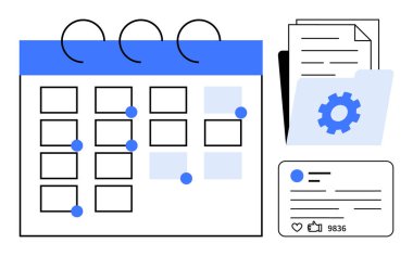 İşaretli tarihli takvim, dişli simgeli belge dizini ve sosyal medya gönderme istatistikleri. Planlama, programlama, verimlilik, iş akışı organizasyonu, ofis görevleri, proje takibi için ideal