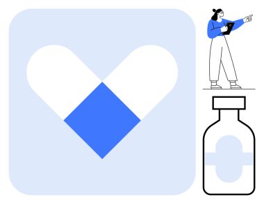 Mavi ve beyaz bölümlü bir kalp oluşturan kapsül, panolu karakter, ilaç şişesi. Sağlık, tıp, sağlık, eczacılık, markalaşma, sağlık uygulamaları, basit yenilikler için ideal