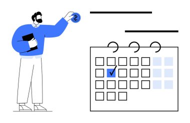 Elindeki belgede madeni para, mali planlama, hedef belirleme veya son teslim tarihi olan bir takvimin yanına yerleştiriliyor. İş, finans, verimlilik, programlama için ideal