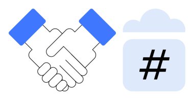 Buluttaki bir meta veri etiketinin yanında iki el titriyor. Ortaklık, sinerji, takım çalışması, ağ oluşturma, dijital pazarlama, sosyal medya, basit iniş sayfası için ideal