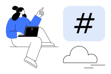 Dizüstü bilgisayarlı bir kadın bulut elementinin yanında büyük bir üstveriye işaret ediyor. Sosyal medya, içerik oluşturma, dijital pazarlama, çevrimiçi eğilimler, hashtag 'ler, iletişim, basit