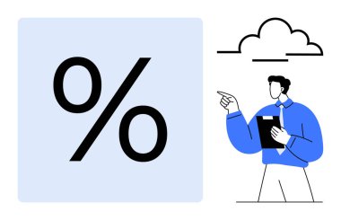 Bir pano tutan ve verilere işaret eden bir profesyonelin yanında büyük bir yüzde işareti. Yukarıdaki bulut uzak veri veya hesaplamaları sembolize eder. Finans, analitik, iş, strateji için ideal
