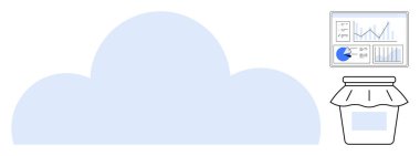 Kontrol paneli olan bulut, depolama metaforu olarak kavanozun yanında veri analizi çizelgeleri gösteriyor. Teknoloji, bulut hesaplama, veri yönetimi, iş stratejisi, dijital depolama, üretkenlik için ideal