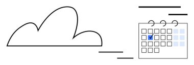 İşaretli bir takvim tarihine bağlı bulut ögesi, veri senkronizasyonunu, zamanlamayı, verimliliği ve planlamayı sembolize ediyor. Teknoloji, üretkenlik, bulut hesaplama, zaman yönetimi için ideal