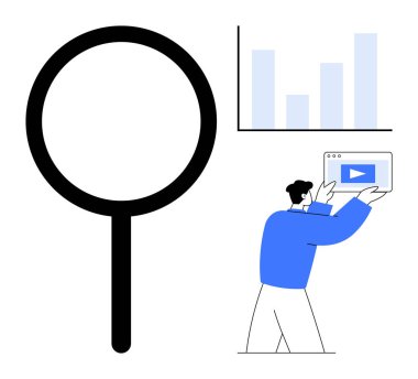 Aramayı temsil eden büyüteç, bar çizelgesi analizi, tablet keşif videosu olan adam. Araştırma, veri analizi, öğrenme, analitik, dijital araçlar, eğitim sade iniş sayfası için ideal