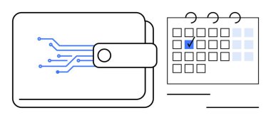 Elektronik cüzdan ve devre hatları işaretli bir tarihli takvimle eşleştirilmiş. Bütçe, fintech, finansal planlama, zaman yönetimi, ödeme zamanlaması, teknoloji, daire sade