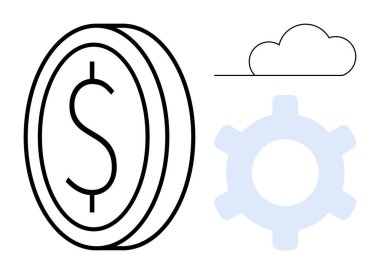 Maliyeyi, bulut hesaplamasını ve işlem optimizasyonunu vurgulayan bir bulut ve dişli para yanında dolar. Ekonomi için ideal, teknolojik çözümler, bulut hizmetleri, fintech, otomasyon yenilik stratejisi. Düz