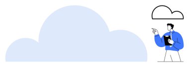 Büyük bulut elementi, elinde bir pano tutan, bulut hatlarını gösteren biri. Bulut hesaplama, veri depolama, teknoloji, dijital dönüşüm, yenilik, analiz, düz basit