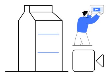 Dijital video arayüzü, büyük süt kutusu, oyun düğmesi ve ok tutan adam. Medya teknolojisi, ürün reklamı, tasarım basitliği, e-ticaret, ambalaj video üretimi için ideal