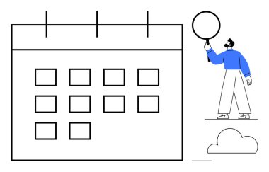 Adamın takvimle etkileşimi dairesel nesneyi tutarken, zamanlamayı sembolize ediyor. Planlama, organizasyon, etkinlikler, hatırlatıcılar, zaman yönetimi, verimlilik, basit iniş sayfası için ideal