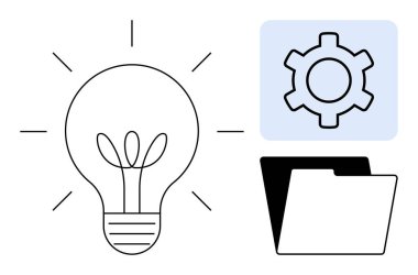 Fikirleri sembolize eden ampul, ayarları veya süreçleri temsil eden dişli ve organizasyon için bir dosya klasörü. Yaratıcılık, yenilik, yönetim, iş akışı, üretkenlik, planlama için ideal basit