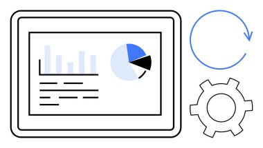 Tablet ekranda çubuk grafiği, pasta grafiği ve veri gösteriliyor. Vites simgesi ve dairesel ok otomasyonu, güncellemeleri veya sistem yönetimini sembolize eder. Veri, verimlilik ve basit iniş sayfası için ideal