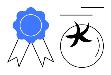 Mavi ödüllü kurdele. Yuvarlak meyveli, yıldızlı ve stilize hatlı. Kalite, sertifika, başarı, tanınma, organik ürünler, markalaşma ve minimalist temsil için ideal