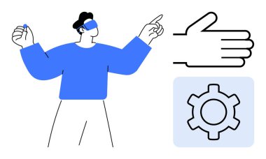 VR kulaklık takan kullanıcı arayüz simgelerinin yakınındaki el hareketleriyle etkileşim halinde. Teçhizat ve el. Teknoloji, sanal gerçeklik, oyun, kullanıcı arayüzü, yenilik, dijital deneyimler için ideal