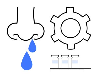 Burun damlacıkları, dişli sembolü ve ilaç şişeleri. Alerji tedavileri, sağlık hizmetleri, ilaç süreçleri, tıbbi araştırma, yenilik, biyoteknoloji basit iniş sayfası için idealdir.