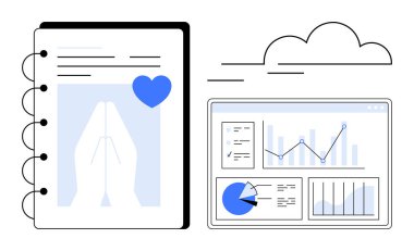 Analitik gösterge panelinin yanında kalp ikonu olan çizelge ve grafikleri gösteren bir defter aç. Sağlık hizmetleri, veri takibi, dua günlüğü, inanç temelli projeler, refah, verimlilik, basit