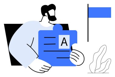 Üzerinde yazı olan büyük bir yapboz parçası, dalgalanan bayraklar ve küçük bitkiler tutan bir adam. Takım çalışması, problem çözme, hedefler, eğitim, işbirliği, yaratıcılık için ideal basit iniş sayfası