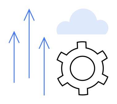 Bulut ve yukarı bakan oklar otomasyonu, bulut hesaplamasını, büyümeyi, yeniliği ve verimliliği sembolize ediyor. Teknoloji, iş büyümesi, bulut entegrasyonu ve veri yönetimi ilerlemesi için ideal