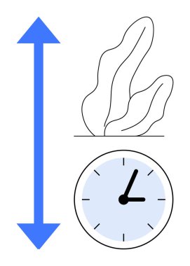 Yukarı mavi ok, soyut bitki ve saat büyümeyi, zaman verimliliğini ve ilerlemeyi vurguluyor. Üretkenlik, planlama, zaman izleme, proje yönetimi öz gelişim hedefi belirlemek için ideal