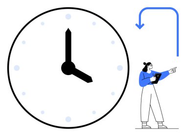 Cesur elleri olan büyük bir saat, tabletli bir kadın ve kavisli bir ok. Zaman yönetimi, mühlet planlaması, verimlilik, programlama, rutinler, görev öncelikleri sade iniş için ideal