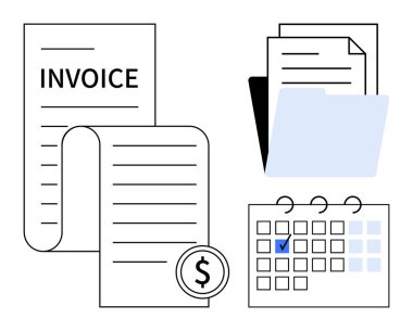 Dolar işaretli fatura, dosya klasörü tutulan belgeler ve işaretli takvim tarihi. Muhasebe, fatura, mali planlama, planlama, ödeme takibi, belge organizasyonu için ideal basit