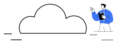 Elinde bir pano olan adam büyük bulutu işaret ediyor. Veri depolama, bulut hesaplama, yenilik, veri yönetimi, takım çalışması, uzaktan çalışma, teknoloji işlemleri için ideal. Düz basit metafor