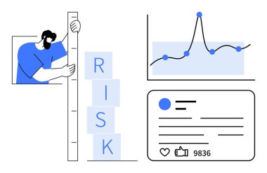Riski ölçülü değerlendiren kişi, veri eğilimini gösteren grafik ve onaylı bir sosyal medya profili. Risk analizi, veri izleme, karar verme, analitik, sosyal medya, strateji için ideal