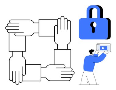 Birbirine bağlı eller güvenlik için mavi kilit sembolü oluşturuyor ve elinde videolu bir tablet tutuyor. Takım çalışması, işbirliği, birlik, siber güvenlik, güven, ağ kurmak için ideal
