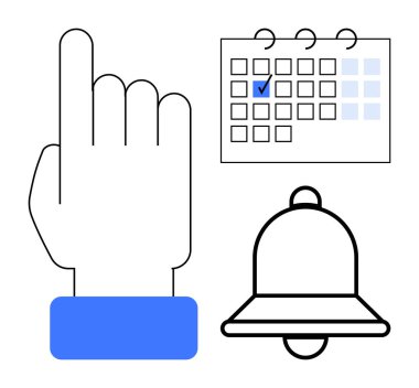 Üzerinde kontrol işareti ve zil olan bir takvimin yanında mavi manşetle el işaretleri var. Program, mühlet, hatırlatıcı, verimlilik, tebligat, alarm, organizasyon için ideal. Düz basit metafor